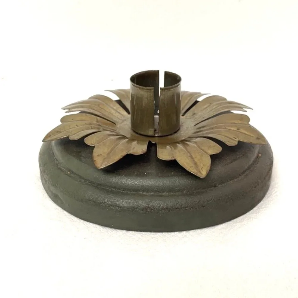 Vtg Wood & Metal Taper Candlestick Holder Flower Brown Antique‎ Brass Toned